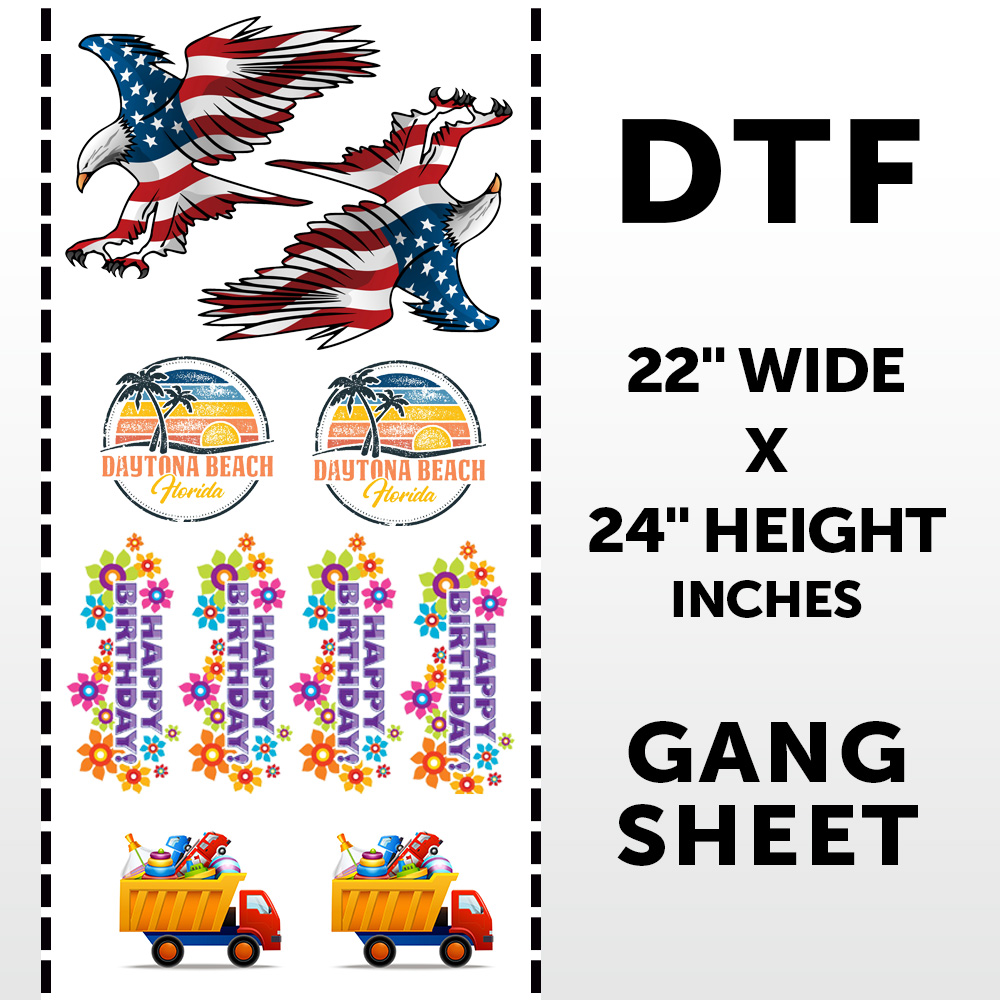 DTF Transfer 24" Height X 22" Wide Gang Sheet Tee Transfers USA